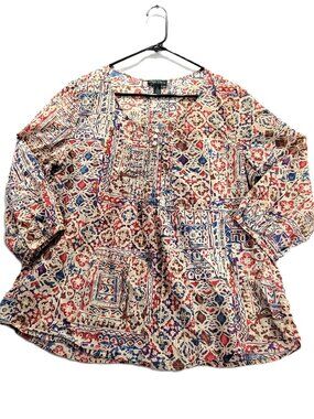 Lauren Ralph Lauren XL Boho Geometric Medallion Henley Blouse 3/4 Sleeve